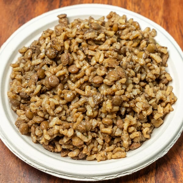 A close-up of Hovan Gourmet's Mediterranean rice and lentils, served on a white plate.