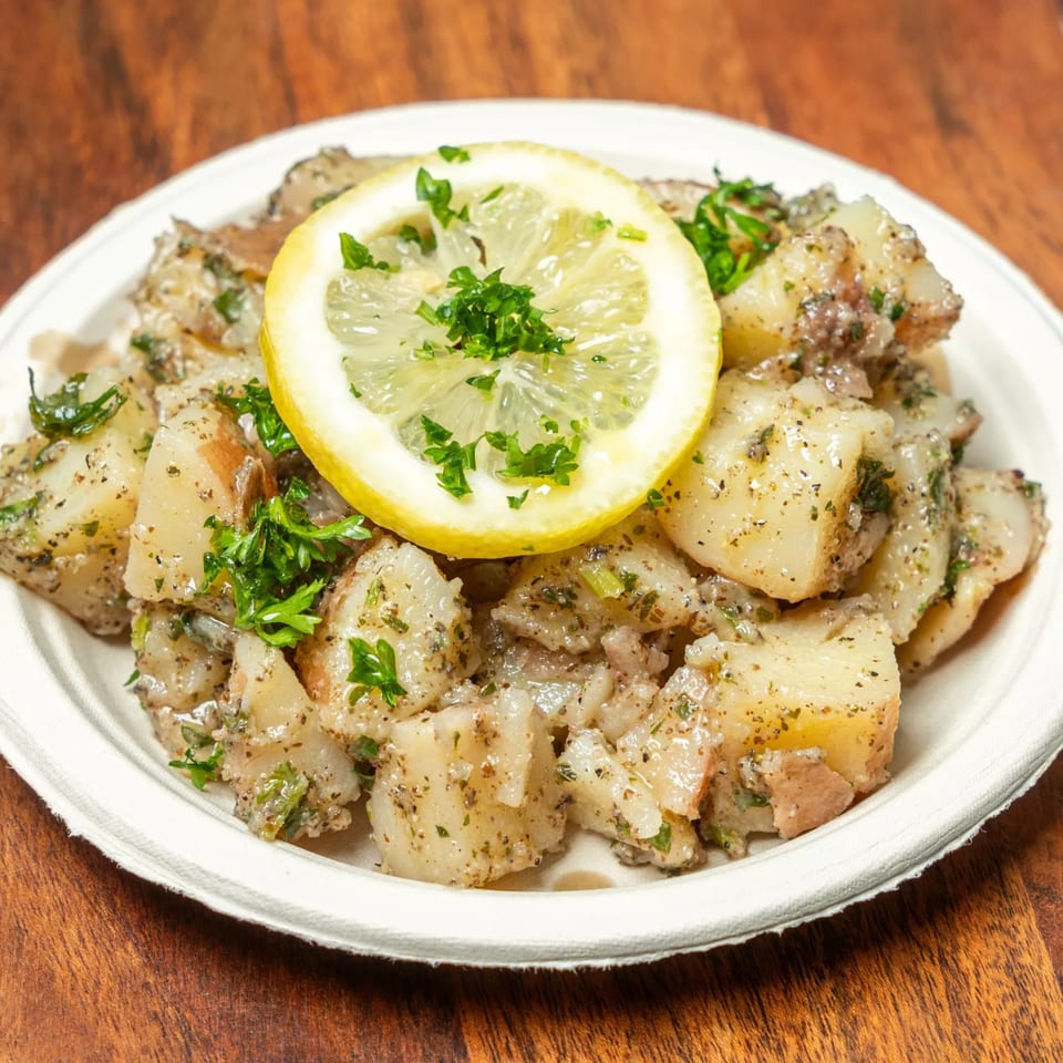 Hovan Gourmet Mediterranean potato salad with herbs and a lemon slice on a white plate.